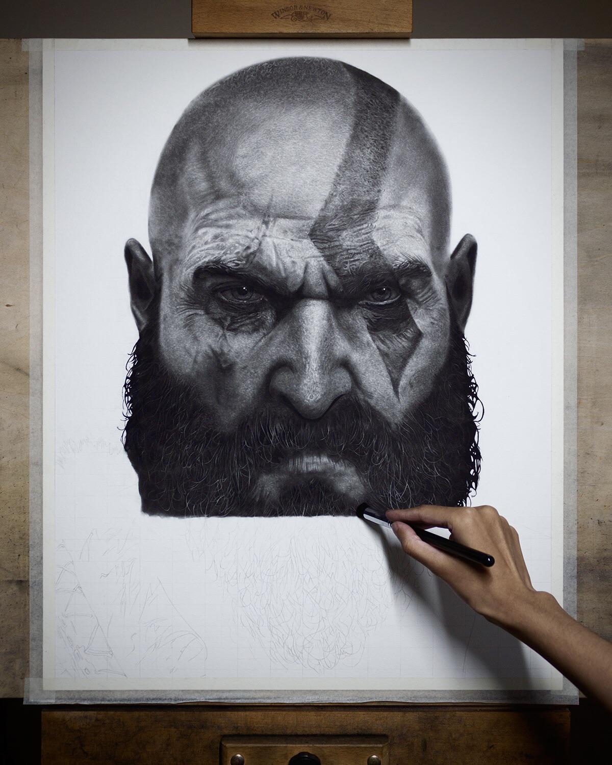 Kratos | Giclée Fine Art Print | Charcoal Drawing – Nabeela The Artist